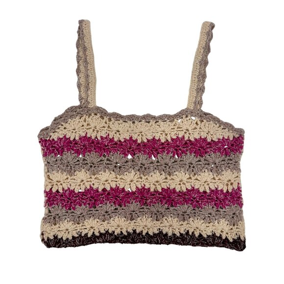 Anthropologie Crochet Pink & Neutral Tone Striped Boho Crop Top - Picture 12 of 16